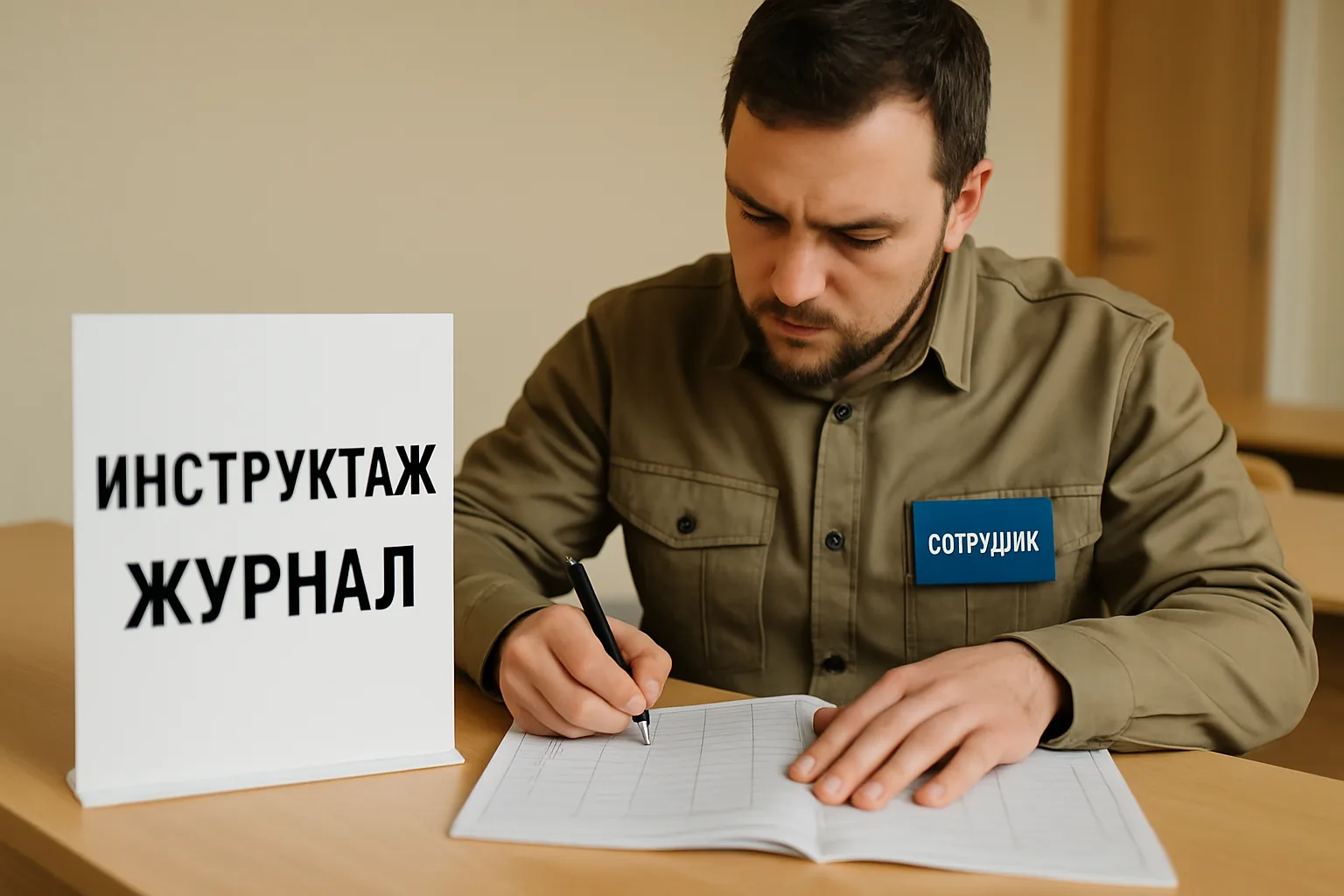 Сотрудник заполняет бумажный журнал инструктажа