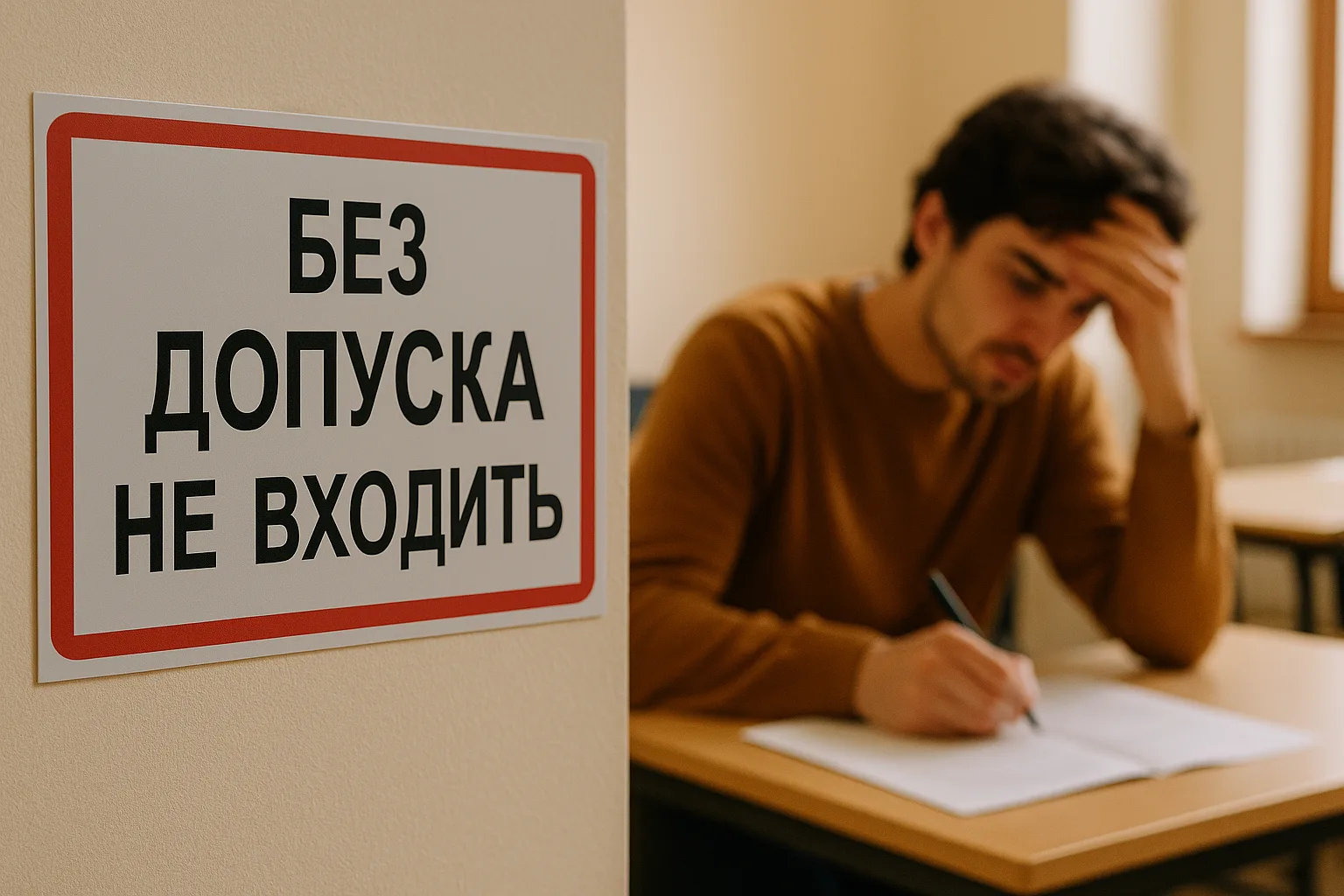 Табличка о запрете входа без допуска и сдача экзамена