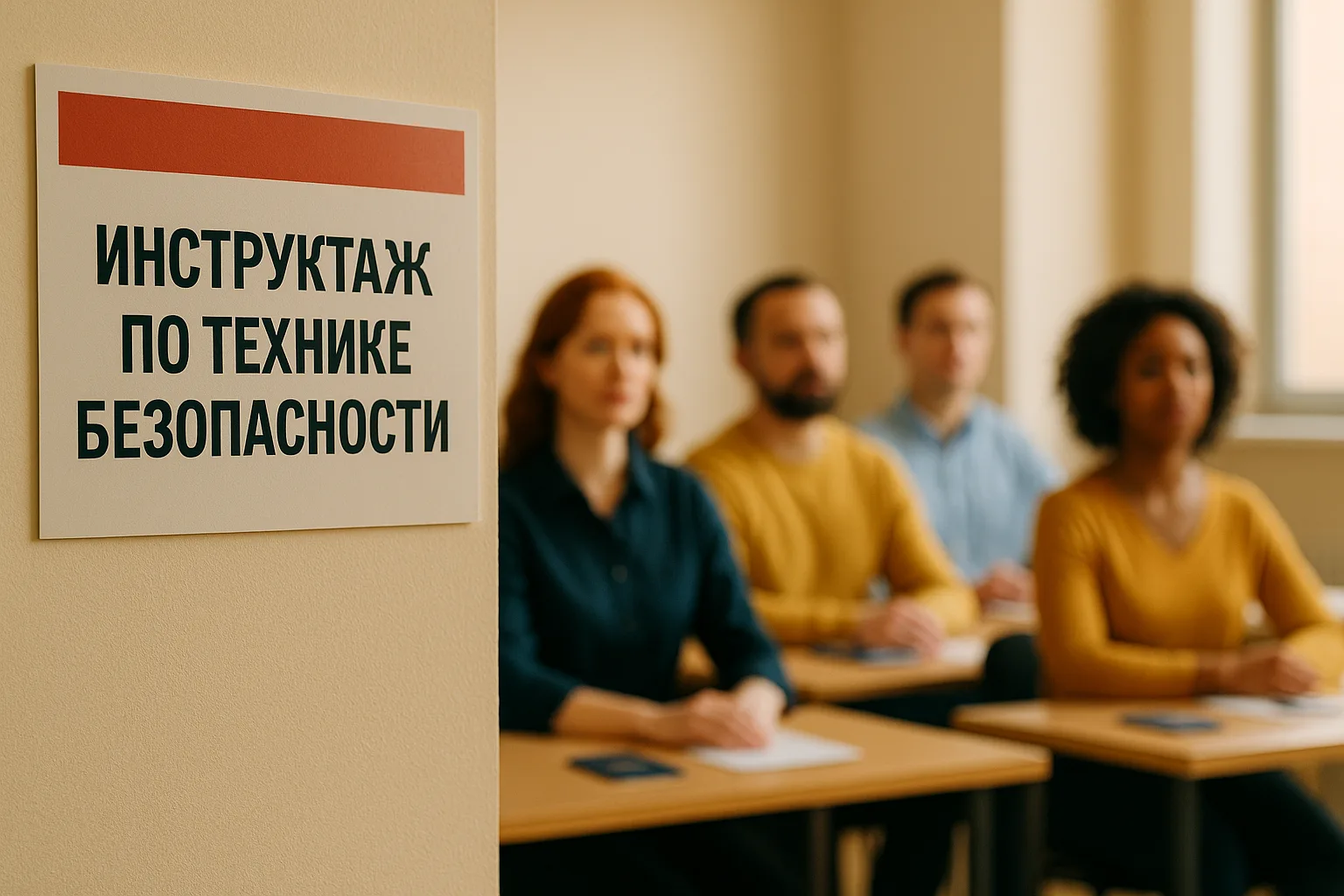 Табличка инструктажа и обучающиеся сотрудники
