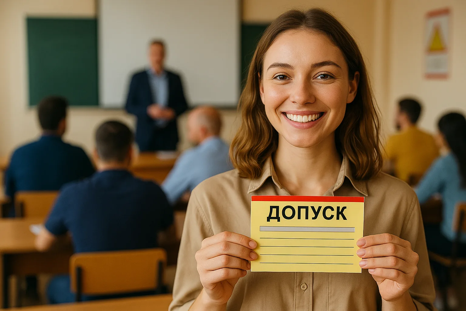 Девушка с удостоверением допуска в учебной аудитории