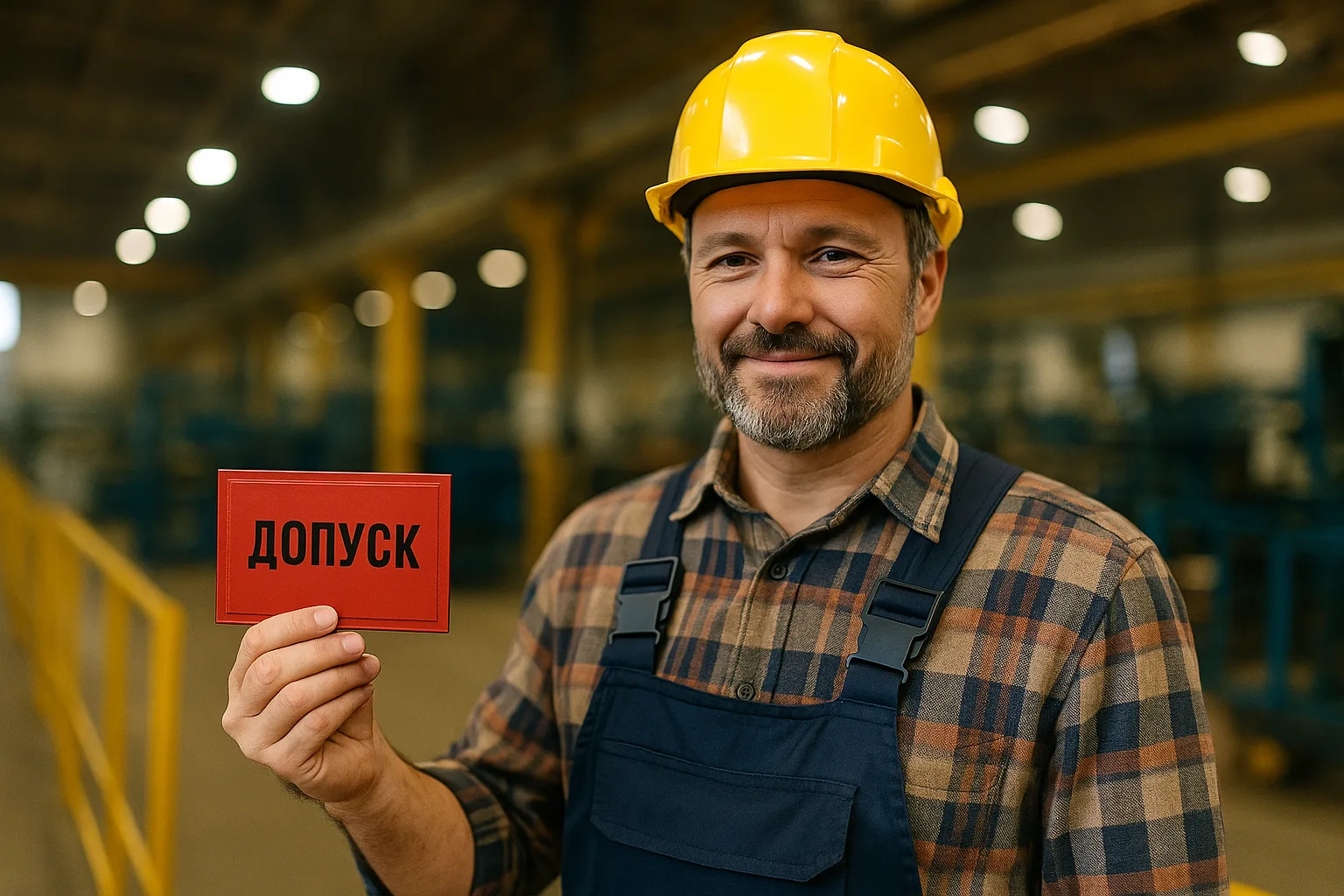 Работник с допуском на фоне цеха