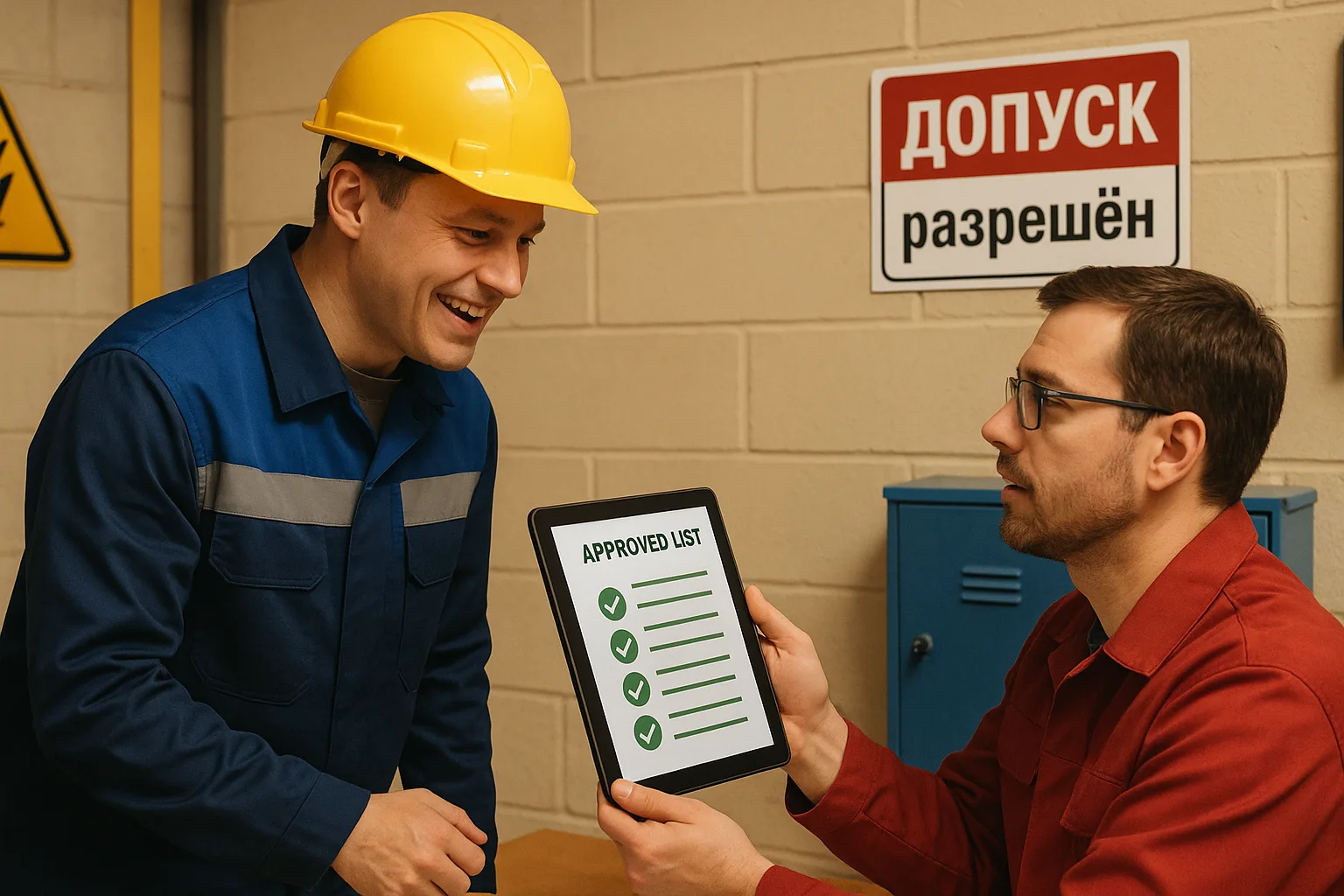 Работник сверяет допуск по списку на планшете