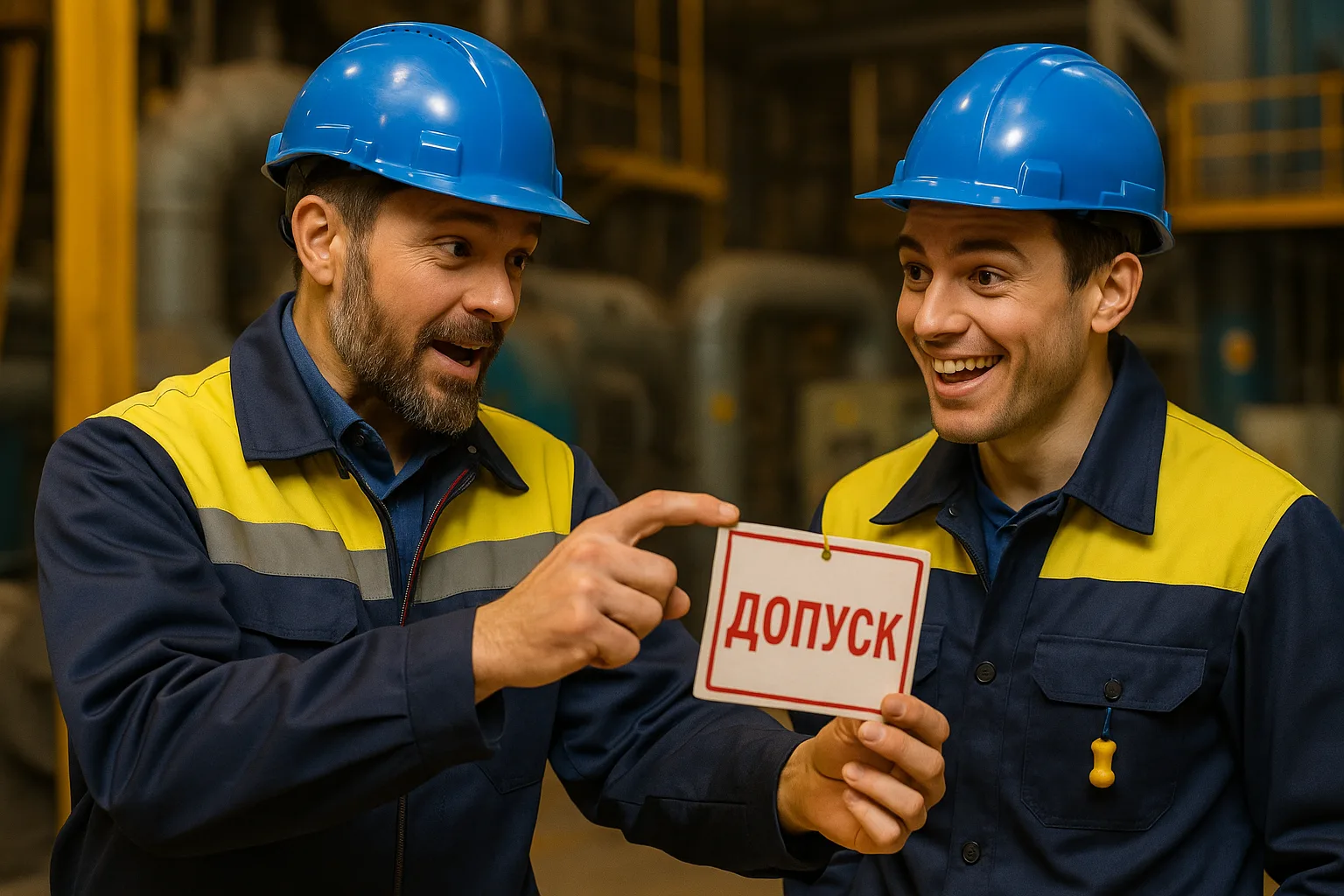 Рабочий демонстрирует допуск коллеге на объекте